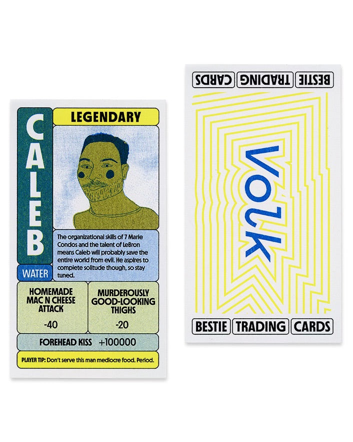 Front and Back of Risograph custom trading cards. The front has a name, illustration, a bio, and attacks. The back says "Bestie Trading Cards" and "Volk" in big block letters